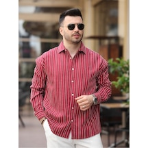 Yeni Sezon Eşref Tek Hafif Oversize Uzun Kollu Likralı Ütü İstemez Trend Çizgili Gömlek Bordo Çzgl