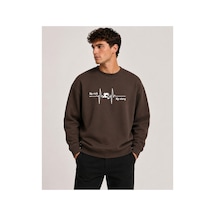 Herkesemoda Risk Detaylı Baskılı Bisiklet Yaka Şardonlu 2 İplik Sweatshirt Kahverengi