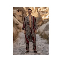 Qmen Style Erkek Kimono Takımı Leopar Desen 3 Lü Viskon Set Bornoz + Pantolon + Şort Bordo