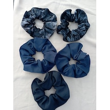 Büyük Boy Scrunchie Saç Tokası, Siyah Ve Lacivert, Kadife Ve Düz Kumaş, 5 Adet Diğer