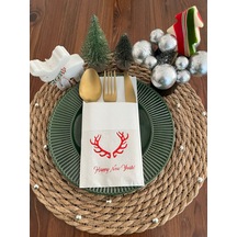 Kırmızı Yaldızlı Beyaz Cepli Aır Touch Happy New Year Geyik Boynuzu Peçete 12 Adet 40x40