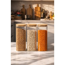 Porsima 7-3 Bambu Vakumlu Kapaklı Kare Borsilikat Cam 3lü Kavanoz Seti Saklama Kabı 1900ml 9,5x27cm Ahşap - Şeffaf