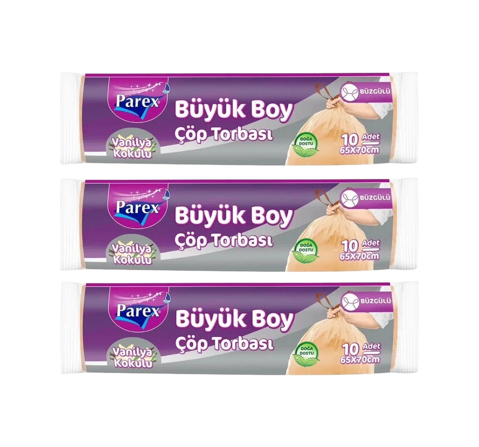 Büzgülü 10'lu Çöp Torbası Vanilya Kokulu Büyük Boy 65 X 70 Cm Üçlü Paket