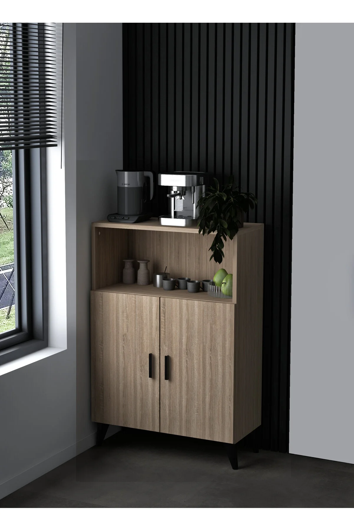 Mini Kahve Köşesi Sonomo - 2 Kapaklı Yüksek Ayak Raflı Çok Amaçlı Dolap Banyo Kiler Mutfak Dolabı