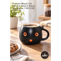 2 Adet Porselen Kedili Kupa Bardak Porselen Mug Ev Ve Ofis İçin Desenli Kahve Çay Kupası 7,5x13 Cm 1