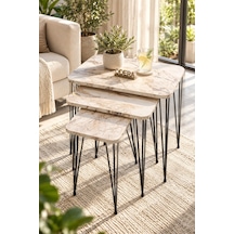 Odera Efes Ahşap Desenli Zigon Sehpa 3'lü Set Metal Tel Ayaklı Modern Retro Salon Sehpası Diğer