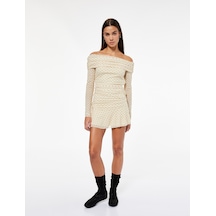 Koton Uzun Kollu Kayık Yaka Slim Fit Asimetrik Kesim Drapeli Puantiyeli Mini Elbise Sarı Desenli 6wal80058ık Sarı Desenli