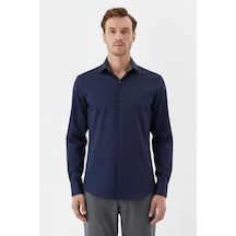 Sabri Özel Erkek Lacivert Dar Kesim Slim Fit %100 Pamuk Dokuma Uzun Kollu Klasik Yaka Gömlek