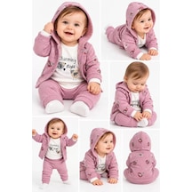 Veraura Lifestyle 0-9 Ay Kuş Baskılı Kapşon Hırkalı Uzun Kol Bady Penye Bebek Takımı Mürdüm