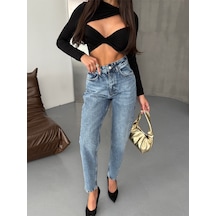 Yüksek Bel Buz Mavisi Mom Jeans Mavi