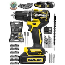 Steiner 21 V Darbeli Profesyonel Kömürsüz Motor Metal Şanzıman Çift Akülü Şarjlı Vidalama Matkap 84 Parça Sarı