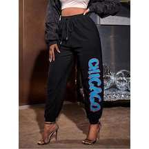 Sxy Letter Graphic Drawstring Waist 4 Mevsim Eşofman Siyah