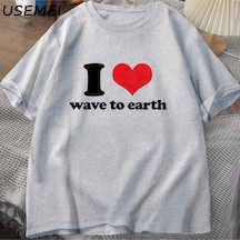 Flood Of Style Ben Dünyaya Dalga Seviyorum T-shirt Erkekler Kadınlar Ben Kalp Dalga Toprağa Grafikli Tişört Gri