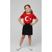 Nacar Store Kız Çocuk Ayyıldız Bayrak Baskılı T-shirt Ve Keten Etek Takım 23 Nisan-özel Bayramlar Kırmızı-siyah