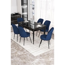 Canisa Kor Serisi 70x114 Açılabilir Mutfak Masası Takımı Siyah Mermer Desen Masa 6 Lacivert Sandalye Masa Siyah Mermer Desen Sandalye Lacivert