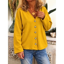 Veraura Lifestyle Kadın Düğme Detaylı V Yaka Oversize Hardal Sarısı Ceket / Hırka