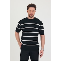 Cool Tarz Erkek Bisiklet Yaka Kalın Çizgi Detaylı Kısa Kollu Ince Triko T-shirt Siyah Siyah
