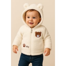 Uğur Bebe Krem Renk Astarlı Unisex Peluş Kapüşonlu Ayıcık Nakışlı Bebek Hırkası Yumuşacık Ve Sıcak Tutar Krem Krem