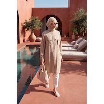Armine Trend Doğal Kumaş Gizli Düğmeli Cep Detaylı Büzgü İpli Uzun Tunik 96 Cm Boy Bej 26yt488