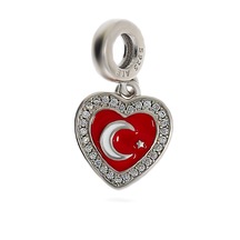 .kadın Taş Detay Sallantılı Kalp İçinde Türk Bayrağı Model Gümüş