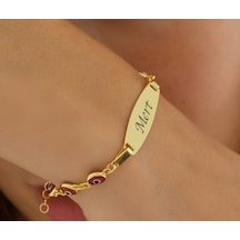 Queen Silver Jewelry 925 Ayar Gümüş Kırmızı Göz Boncuklu Çocuk Künye İsim Yazılı Altın