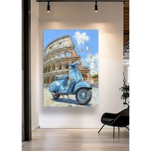 Roma Kolezyum Ve Mavi Vespa Çizim Tasarımlı Kanvas Tablo, Retro İtalya Seyahat Temalı