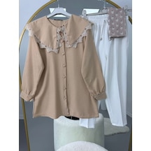 Lovie Moda Yakası Dantel Detaylı Pantolonlu Takım Bej-beyaz