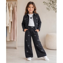 Kız Çocuk Kalp Detaylı Siyah Denim Ceket Pantolon Ve Beyaz Tişört 3 Lü Takım Beyaz Mavi Boncukk Mb-kaldet-083
