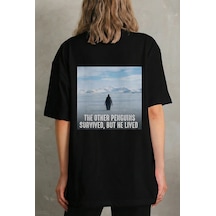 Kadın T-shirt Penguen Baskılı Bisiklet Yaka Kısa Kol Yazlık Tişört - Siyah