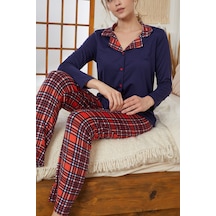 Siyah İnci Gömlek Yaka Düğmeli Milan Örme Pijama Takım25224004 Lacivert