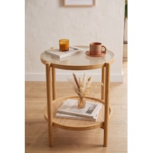 Robin Home Bambu Temperli Camlı Rattan Raflı Yuvarlak Yan Sehpa 45 45cm Bej