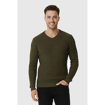 Rizzup Haki Likralı V Yaka Dar Kesim Erkek Kazak Slim Fit Esnek Pamuk Karışımlı 2300341