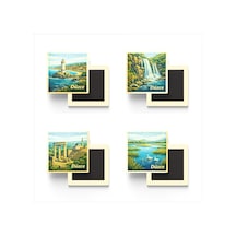 Düzce - 4'lü Memleket Seti - Baskılı Buzdolap Magneti Kare - 9x9 Cm - 4 Adet
