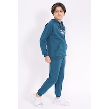 Toontoy Kids Toontoy Erkek Çocuk 2'li Takım Baskılı Kapüşonlu Cepli Sweatshirt & Beli Paçası Lastikli Cepli Jogger Eşofman Altı - 2 İplik Petrol Mavi