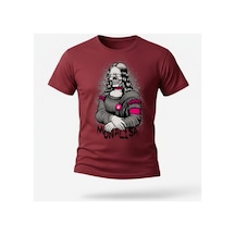Urbantrendstore Monalisa Baskılı Günlük Oversize Pamuklu Bisikilet Ve Yuvarlak Yaka Tişört Tshirt Bordo