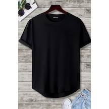 Cool Tarz Erkek Siyah Bisiklet Yaka Oval Etek Salaş %100 Pamuk Basic T-shirt Siyah Siyah