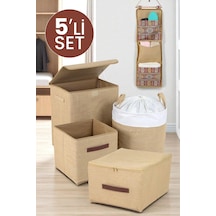 Jüt Kumaş Dolap İçi Organizer, Oyuncak Kutusu, Çamaşır Saklama Sepeti, 5'li Set, Kahverengi Çok Renkli