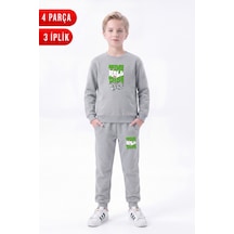 Panios Kids 3 İplik Baskılı Erkek Çocuk Çift Cepli Bisiklet Yaka Eşofman Takımı Gri