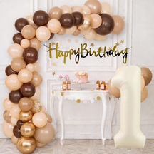 1 Yaş Pompa Hediyeli Doğum Günü Seti Banner Gold Kahverengi Kum Beji Ten Rengi Balonlar Krem Rakam Çok Renkli