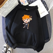 Kadın Moda Voleybol Manga Haikyuu Kapşonlu Harajuku Kawaii Kazak Sweatshirt Karikatür Baskı Anime Estetik Kapşonlu Sokak Giyimi Üst Siyah