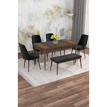 Jusie Barok Desen 80x132 Açılabilir Sunta Masa Yemek Odası Takımı, Mutfak Takımı 4 Sandalye, 1 Bench Siyah