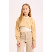 DeFacto Kız Çocuk Bisiklet Yaka Baskılı 2'li Sweatshirt D9442A825SPBG203 Bej