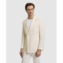 Cacharel Beyaz Slim Fit Yün Keten Karışımlı Balıksırtı Kırlangıç Yaka Kruvaze Ceket