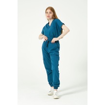 Turkuaz Likralı Scrubs Kargo Cep Jogger Paça Doktor Hemşire Forması Yarasa Kol Takım Unisex