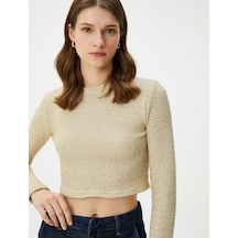 Koton Crop Kazak Simli Bisiklet Yaka Uzun Kollu Lıght Gold 4wak30155ek 4WAK30155EKLG2 Altın