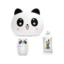 Panda Temalı Dekoratif Tasarıma Sahip Hediye Seti Peluş Panda Yastık + Buhar Makinesi Nemlendirici + Sevgili Figürlü Kar Küresi Dekoratif Hediye Seti