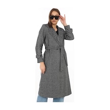 Ertaştrendstore Kadın Balık Sırtı Kaşe Kaban Uzun Boy Kruvaze Yaka Kuşaklı Astarlı Tesettür Kaban - Füme Çok Renk