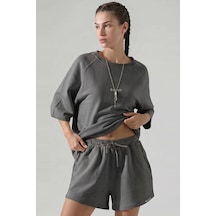 Woneagle Kadın Antrasit Oversize Bisiklet Yaka Şortlu Takım Loungewear Antrasit Antrasit