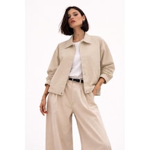 Kadın Oversize Basic Gabardin Mevsimlik Polo Yaka Ceket-385 Taş
