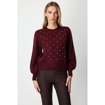 On Fashion Kadın İncili Baklava Desenli Bordo Kazak 63316 Bordo